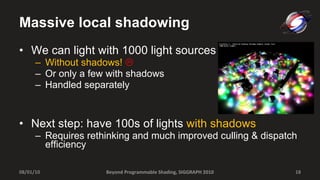 Massive local shadowing <ul><li>We can light with 1000 light sources  </li></ul><ul><ul><li>Without shadows!    </li></ul...