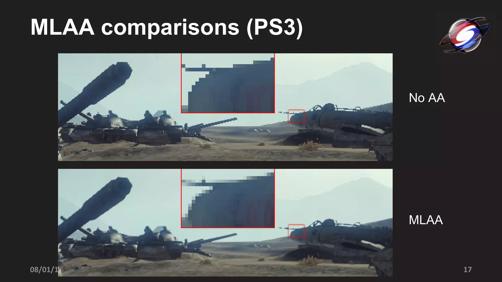 MLAA comparisons (PS3) Beyond Programmable Shading, SIGGRAPH 2010 08/01/10 No AA MLAA 