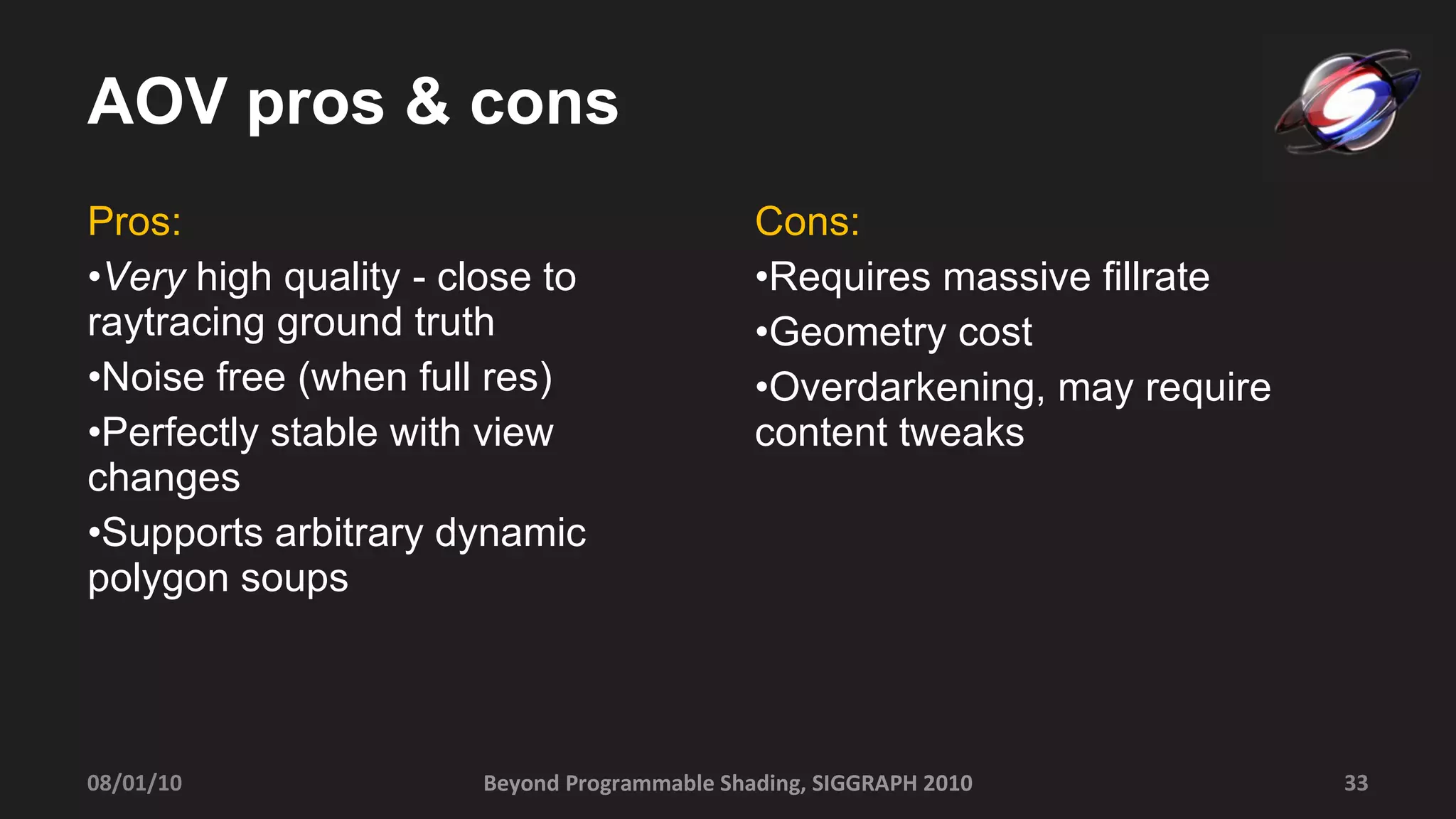 AOV pros & cons Pros: Very  high quality - close to raytracing ground truth Noise free (when full res) Perfectly stable with view changes Supports arbitrary dynamic polygon soups Cons: Requires massive fillrate Geometry cost Overdarkening, may require content tweaks Beyond Programmable Shading, SIGGRAPH 2010 08/01/10 