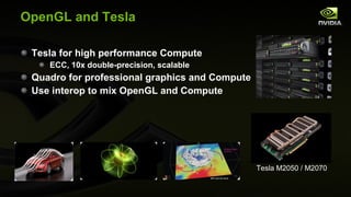 OpenGL and Tesla Tesla for high performance Compute ECC, 10x double-precision, scalable Quadro for professional graphics and Compute Use interop to mix OpenGL and Compute Tesla M2050 / M2070 