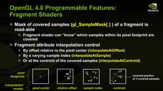 OpenGL 4.0 Programmable Features: Fragment Shaders Mask of covered samples ( gl_SampleMask[ ]  ) of a fragment is read-able Fragment shader can “know” which samples within its pixel footprint are covered Fragment attribute interpolation control By offset relative to the pixel center ( interpolateAtOffset ) By a varying sample index ( interpolateAtSample ) Or at the centroid of the covered samples ( interpolateAtCentroid ) pixel center  relative offset  dx  dy  sample index  0  1  2  3  centroid centroid position of 3 covered samples pixel footprints interpolation modes 