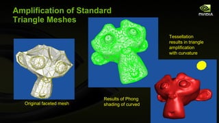 Amplification of Standard Triangle Meshes Original faceted mesh   Tessellation results in triangle amplification with curvature Results of Phong shading of curved 
