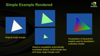 Simple Example Rendered Original single triangle   Adaptive tessellation automatically tessellates distant, small triangle less and close, large triangle more Visualization of barycentric weights used by tessellation evaluation shader 