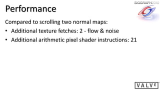 Performance
Compared to scrolling two normal maps:
• Additional texture fetches: 2 - flow & noise
• Additional arithmetic pixel shader instructions: 21
 