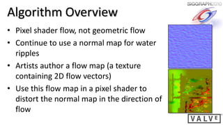 Algorithm Overview
• Pixel shader flow, not geometric flow
• Continue to use a normal map for water
  ripples
• Artists author a flow map (a texture
  containing 2D flow vectors)
• Use this flow map in a pixel shader to
  distort the normal map in the direction of
  flow
 