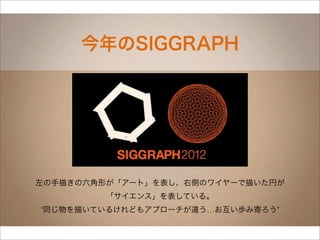 今年のSIGGRAPH




左の手描きの六角形が「アート」を表し、右側のワイヤーで描いた円が
         「サイエンス」を表している。
"同じ物を描いているけれどもアプローチが違う…お互い歩み寄ろう"
 