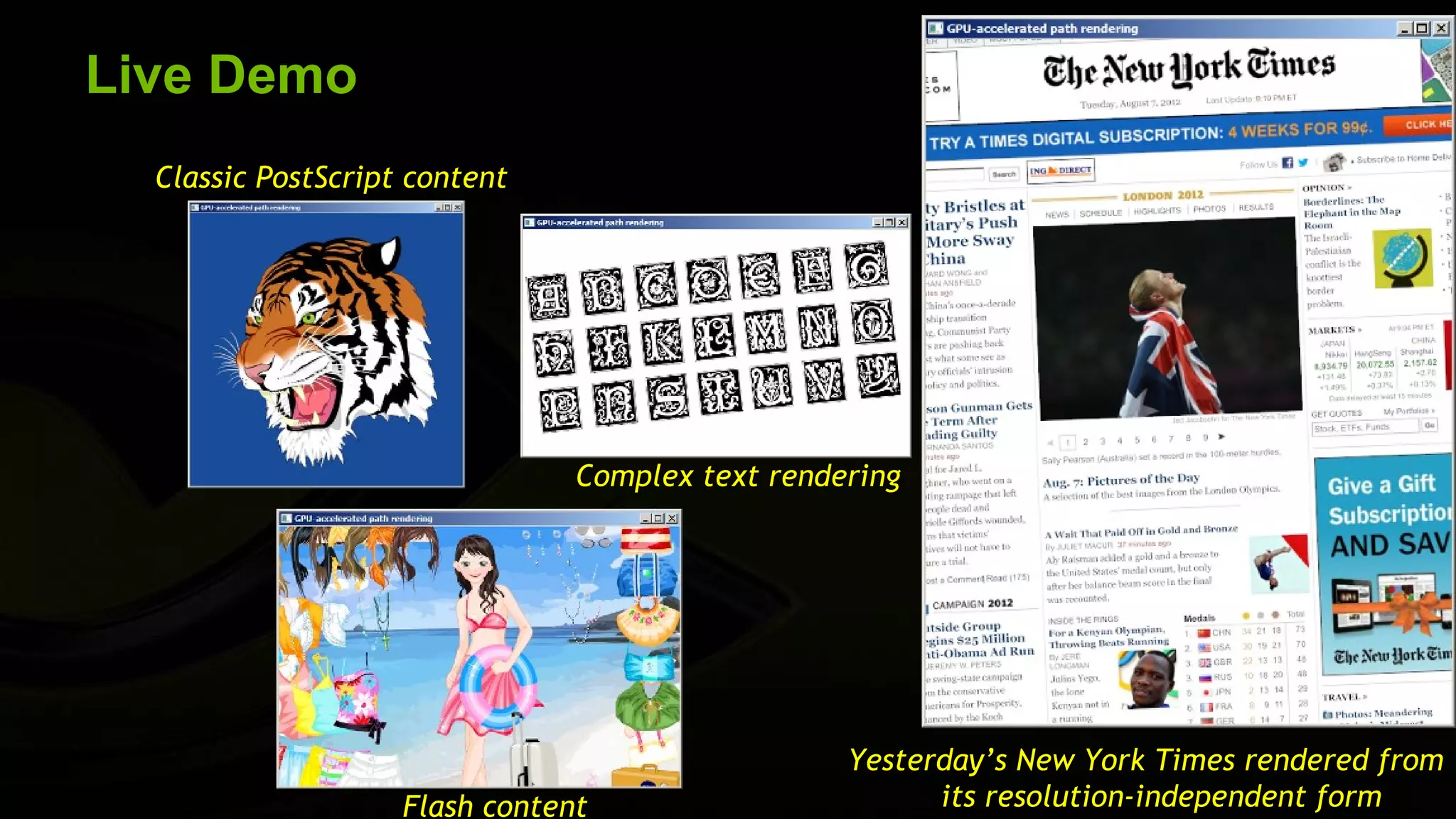 Live Demo
  Classic PostScript content




                                Complex text rendering




                                                  Yesterday’s New York Times rendered from
                    Flash content                       its resolution-independent form
 