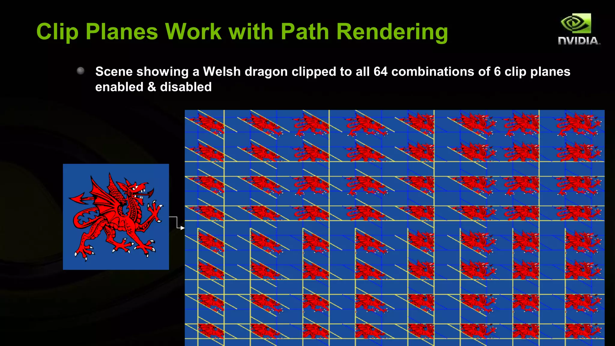 Clip Planes Work with Path Rendering
     Scene showing a Welsh dragon clipped to all 64 combinations of 6 clip planes
     enabled & disabled
 