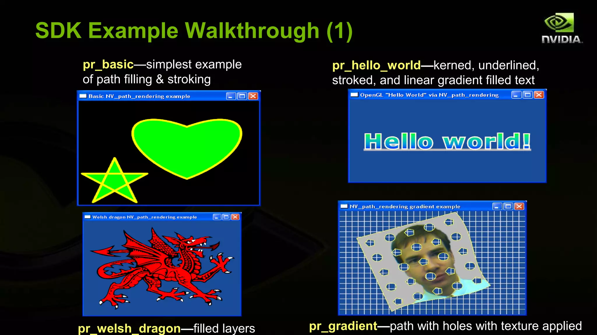 SDK Example Walkthrough (1)
    pr_basic—simplest example          pr_hello_world—kerned, underlined,
    of path filling & stroking         stroked, and linear gradient filled text




   pr_welsh_dragon—filled layers   pr_gradient—path with holes with texture applied
 