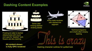 Dashing Content Examples



                                                  Artist made windows
                                                    with dashed line
                                Same cake
                                                         segment
                              missing dashed
                              stroking details
                                                                                Technical diagrams
                                                                              and charts often employ
Frosting on cake is dashed
                                                                                     dashing
elliptical arcs with round
end caps for “beaded” look;
flowers are also dashing


    All content shown
    is fully GPU rendered              Dashing character outlines for quilted look
 