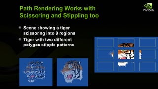 Path Rendering Works with
Scissoring and Stippling too

 Scene showing a tiger
 scissoring into 9 regions
 Tiger with two different
 polygon stipple patterns
 