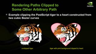 Rendering Paths Clipped to
  Some Other Arbitrary Path
Example clipping the PostScript tiger to a heart constructed from
two cubic Bezier curves




          unclipped tiger       tiger with pink background clipped to heart
 