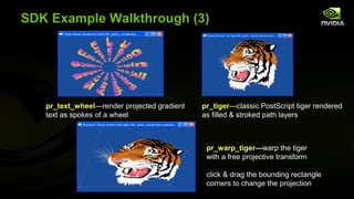 SDK Example Walkthrough (3)




   pr_text_wheel—render projected gradient   pr_tiger—classic PostScript tiger rendered
   text as spokes of a wheel                 as filled & stroked path layers



                                              pr_warp_tiger—warp the tiger
                                              with a free projective transform

                                              click & drag the bounding rectangle
                                              corners to change the projection
 