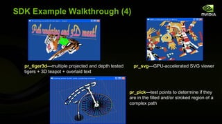 SDK Example Walkthrough (4)




  pr_tiger3d—multiple projected and depth tested     pr_svg—GPU-accelerated SVG viewer
  tigers + 3D teapot + overlaid text



                                                   pr_pick—test points to determine if they
                                                   are in the filled and/or stroked region of a
                                                   complex path
 