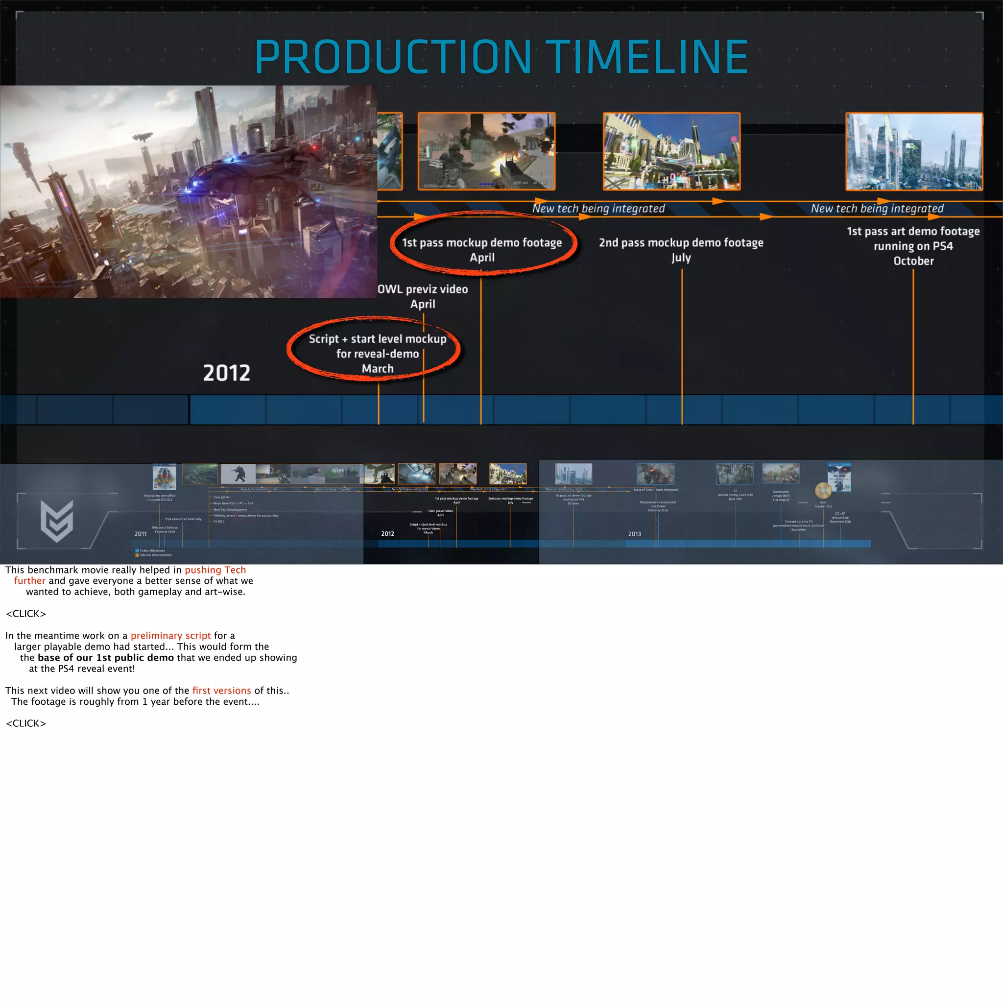 PRODUCTION TIMELINE 
This benchmark movie really helped in pushing Tech 
further and gave everyone a better sense of what we 
wanted to achieve, both gameplay and art-wise. 
<CLICK> 
In the meantime work on a preliminary script for a 
larger playable demo had started... This would form the 
the base of our 1st public demo that we ended up showing 
at the PS4 reveal event! 
This next video will show you one of the first versions of this.. 
The footage is roughly from 1 year before the event.... 
<CLICK> 
 