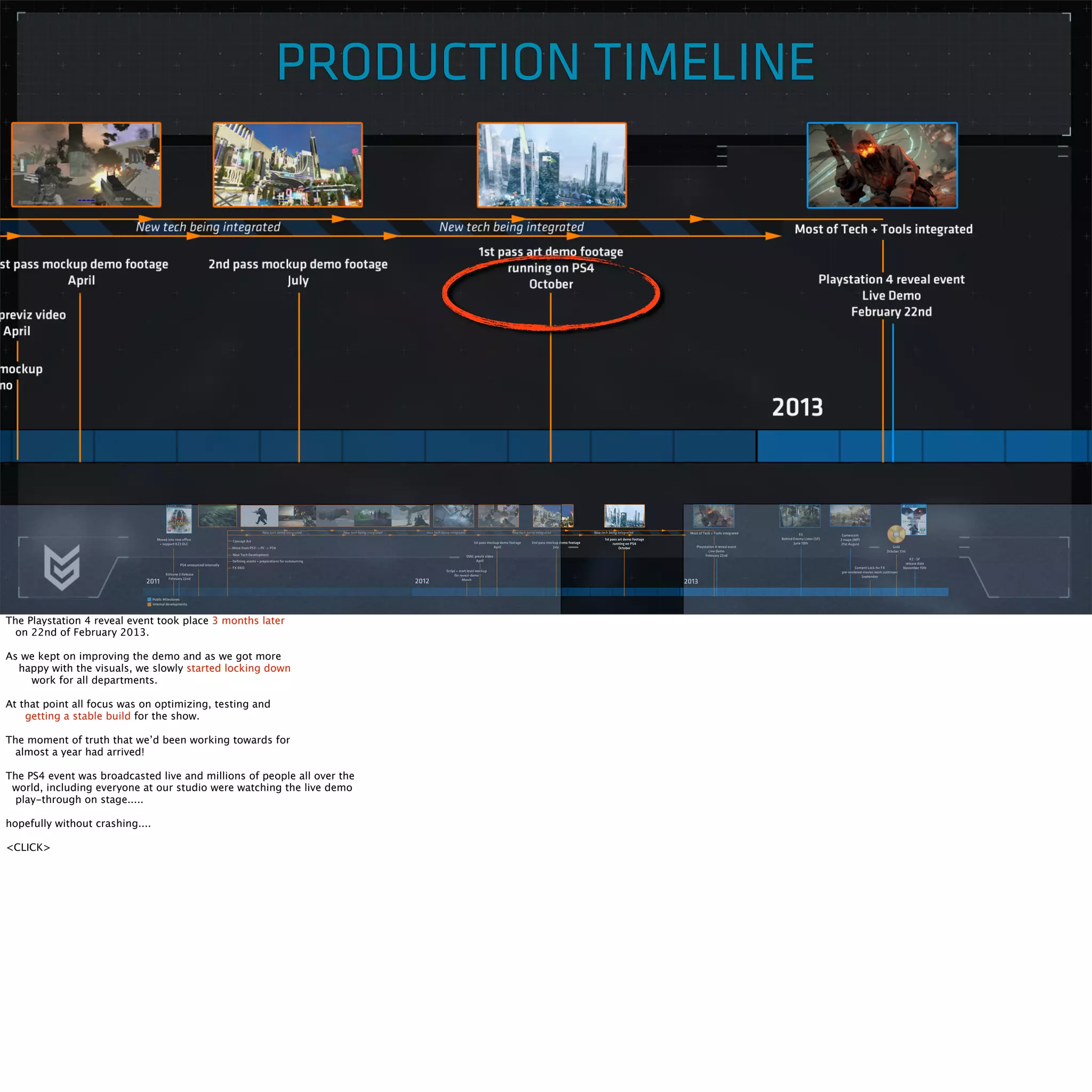 PRODUCTION TIMELINE 
The Playstation 4 reveal event took place 3 months later 
on 22nd of February 2013. 
As we kept on improving the demo and as we got more 
happy with the visuals, we slowly started locking down 
work for all departments. 
At that point all focus was on optimizing, testing and 
getting a stable build for the show. 
The moment of truth that we’d been working towards for 
almost a year had arrived! 
The PS4 event was broadcasted live and millions of people all over the 
world, including everyone at our studio were watching the live demo 
play-through on stage..... 
hopefully without crashing.... 
<CLICK> 
 