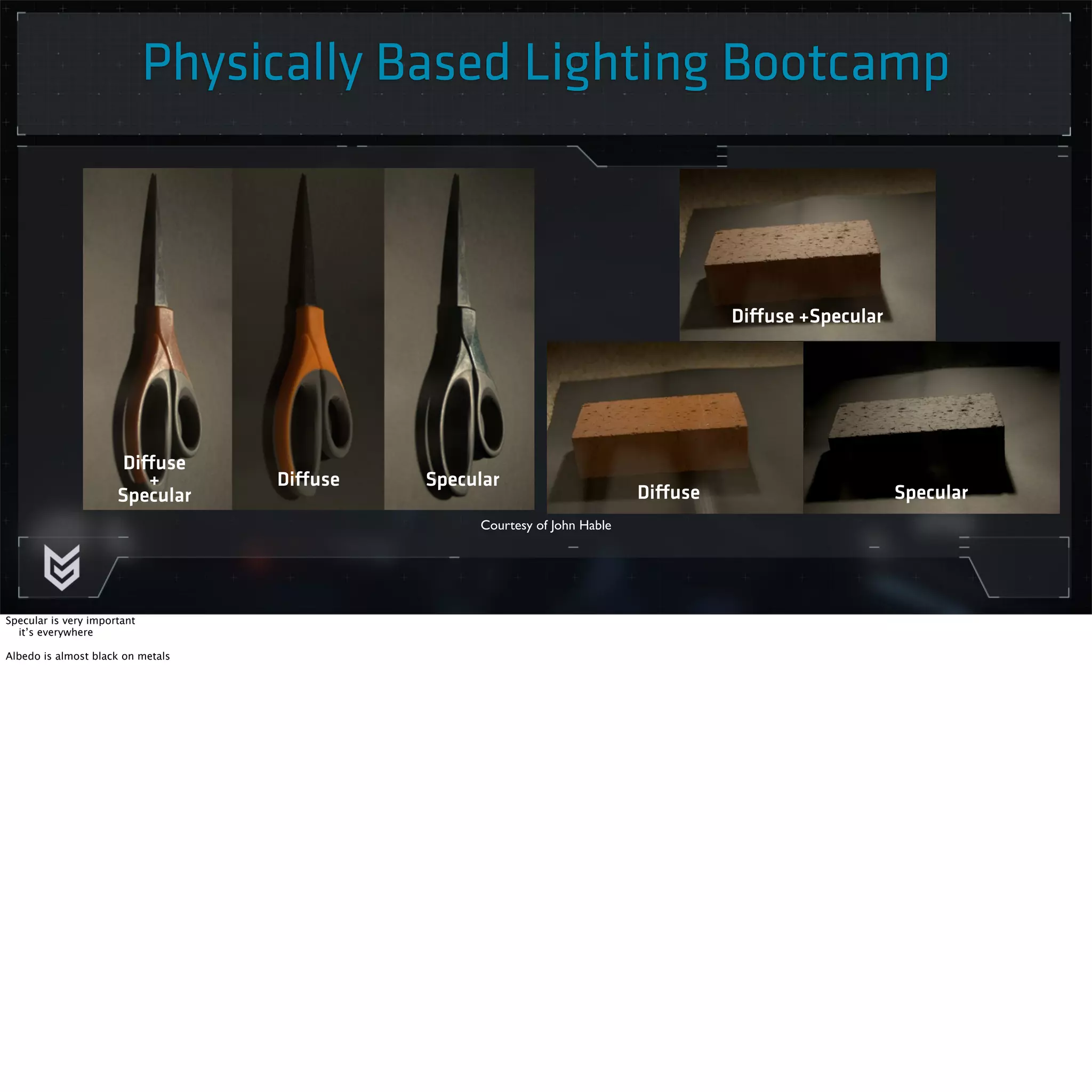 Physically Based Lighting Bootcamp 
Courtesy of John Hable 
Diffuse 
+ 
Specular 
Diffuse Specular 
Diffuse +Specular 
Diffuse Specular 
Specular is very important 
it’s everywhere 
Albedo is almost black on metals 
 