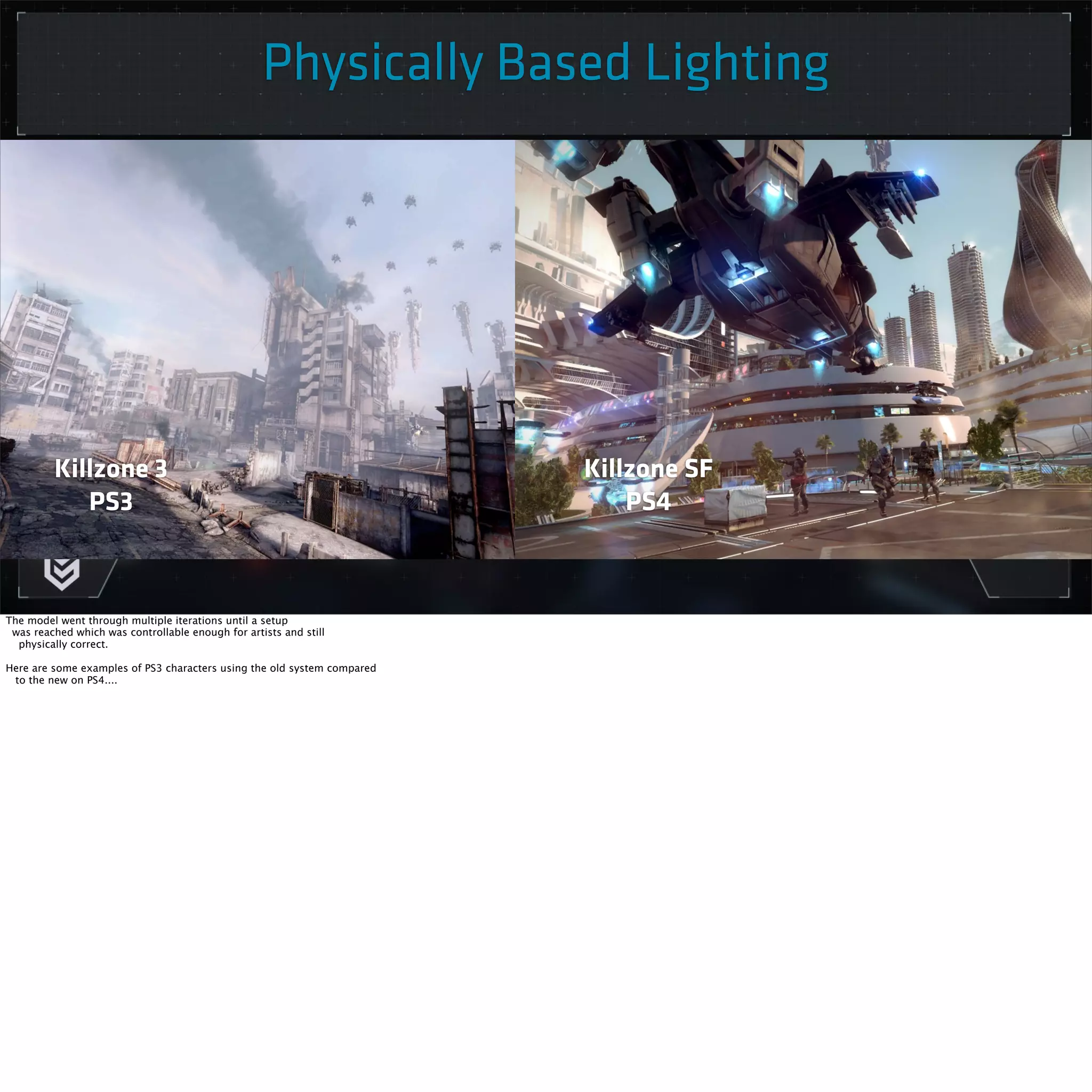 Physically Based Lighting 
Killzone 3 
PS3 
Killzone SF 
PS4 
The model went through multiple iterations until a setup 
was reached which was controllable enough for artists and still 
physically correct. 
Here are some examples of PS3 characters using the old system compared 
to the new on PS4.... 
 