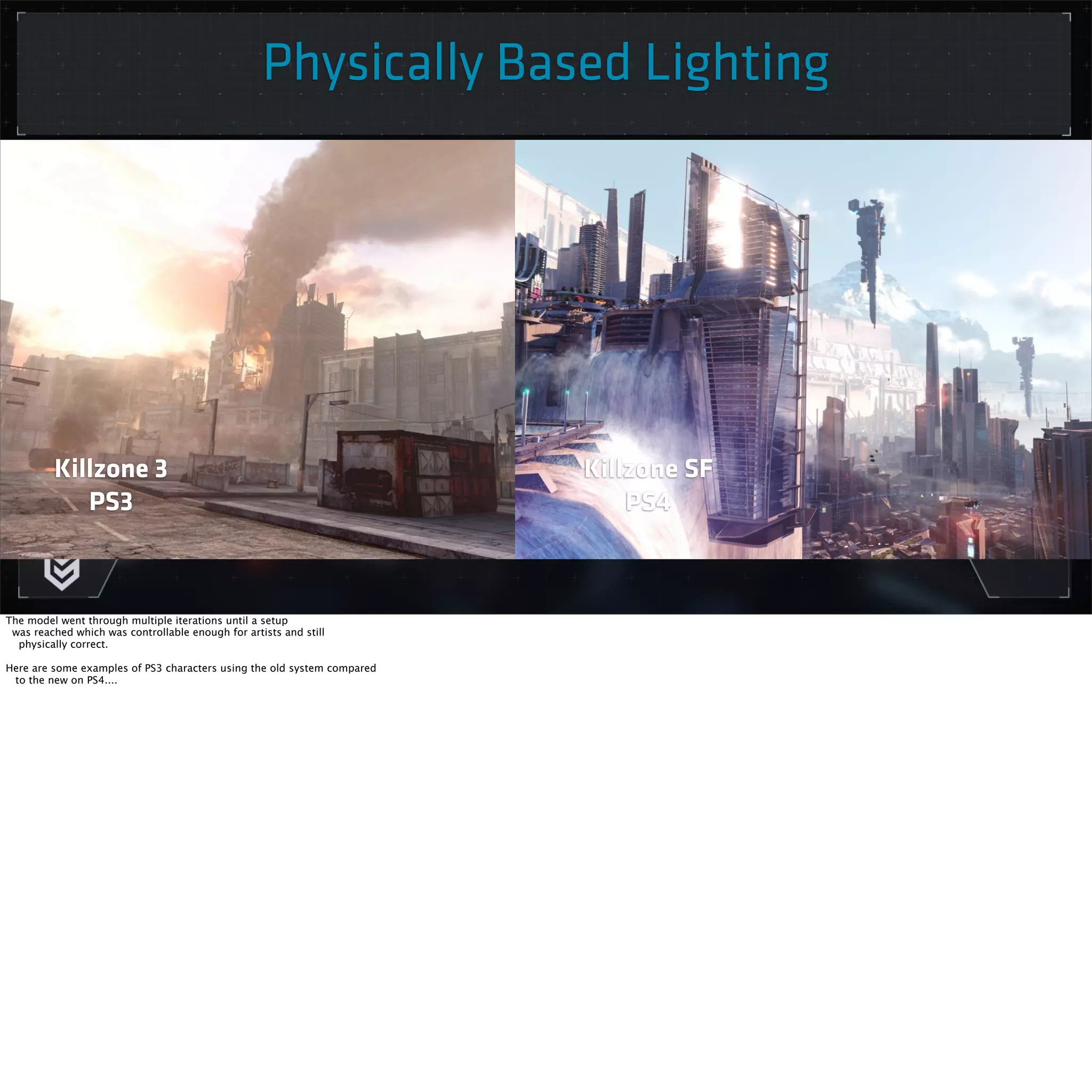 Physically Based Lighting 
Killzone SF 
PS4 
Killzone 3 
PS3 
The model went through multiple iterations until a setup 
was reached which was controllable enough for artists and still 
physically correct. 
Here are some examples of PS3 characters using the old system compared 
to the new on PS4.... 
 