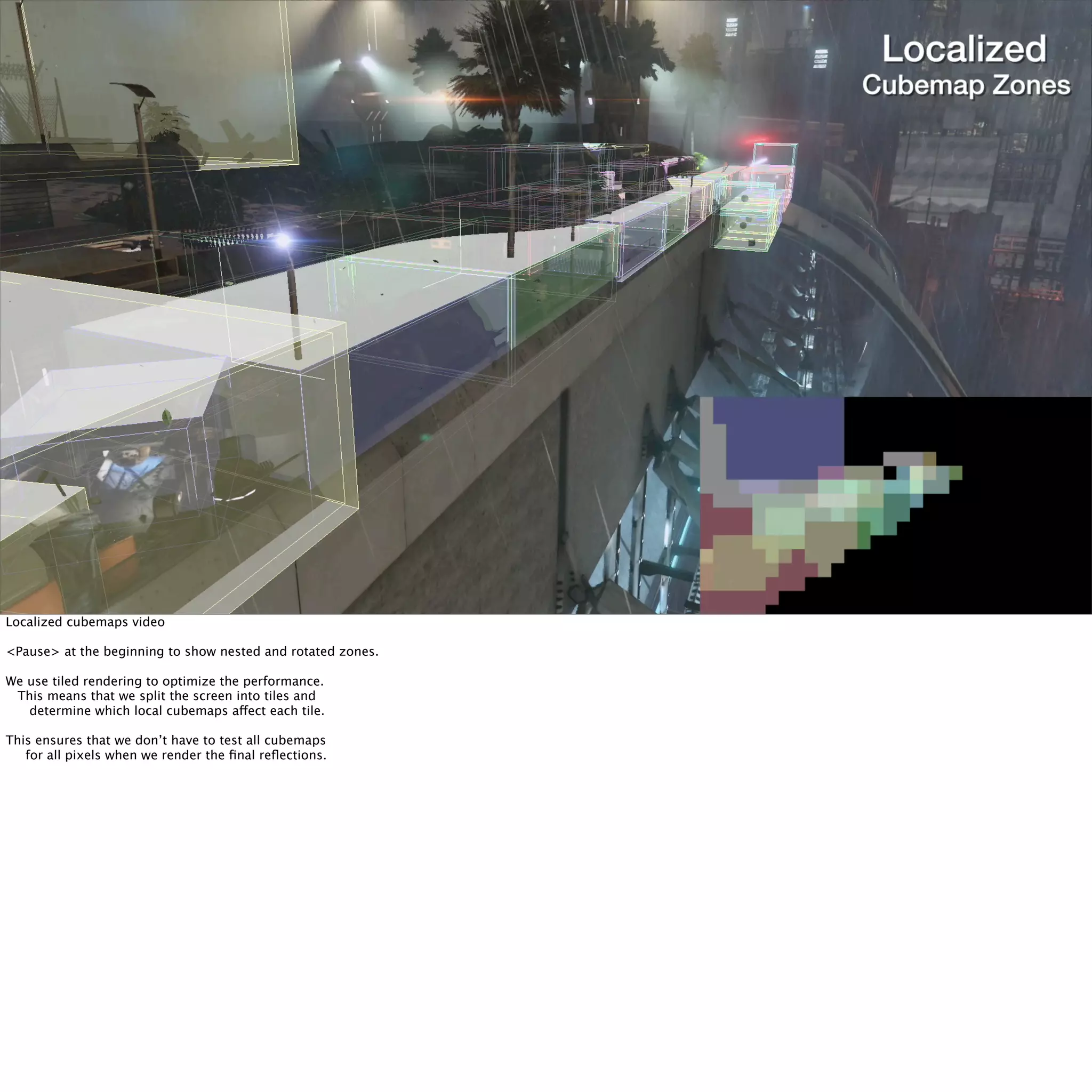 Killzone Shadow Fall / GDC 2014 
Localized cubemaps video 
<Pause> at the beginning to show nested and rotated zones. 
We use tiled rendering to optimize the performance. 
This means that we split the screen into tiles and 
determine which local cubemaps affect each tile. 
This ensures that we don’t have to test all cubemaps 
for all pixels when we render the final reflections. 
 