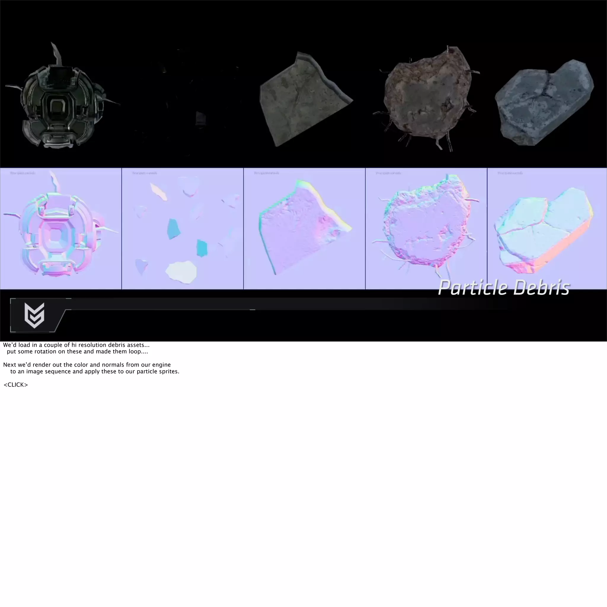 Particle Debris 
We’d load in a couple of hi resolution debris assets... 
put some rotation on these and made them loop.... 
Next we’d render out the color and normals from our engine 
to an image sequence and apply these to our particle sprites. 
<CLICK> 
 