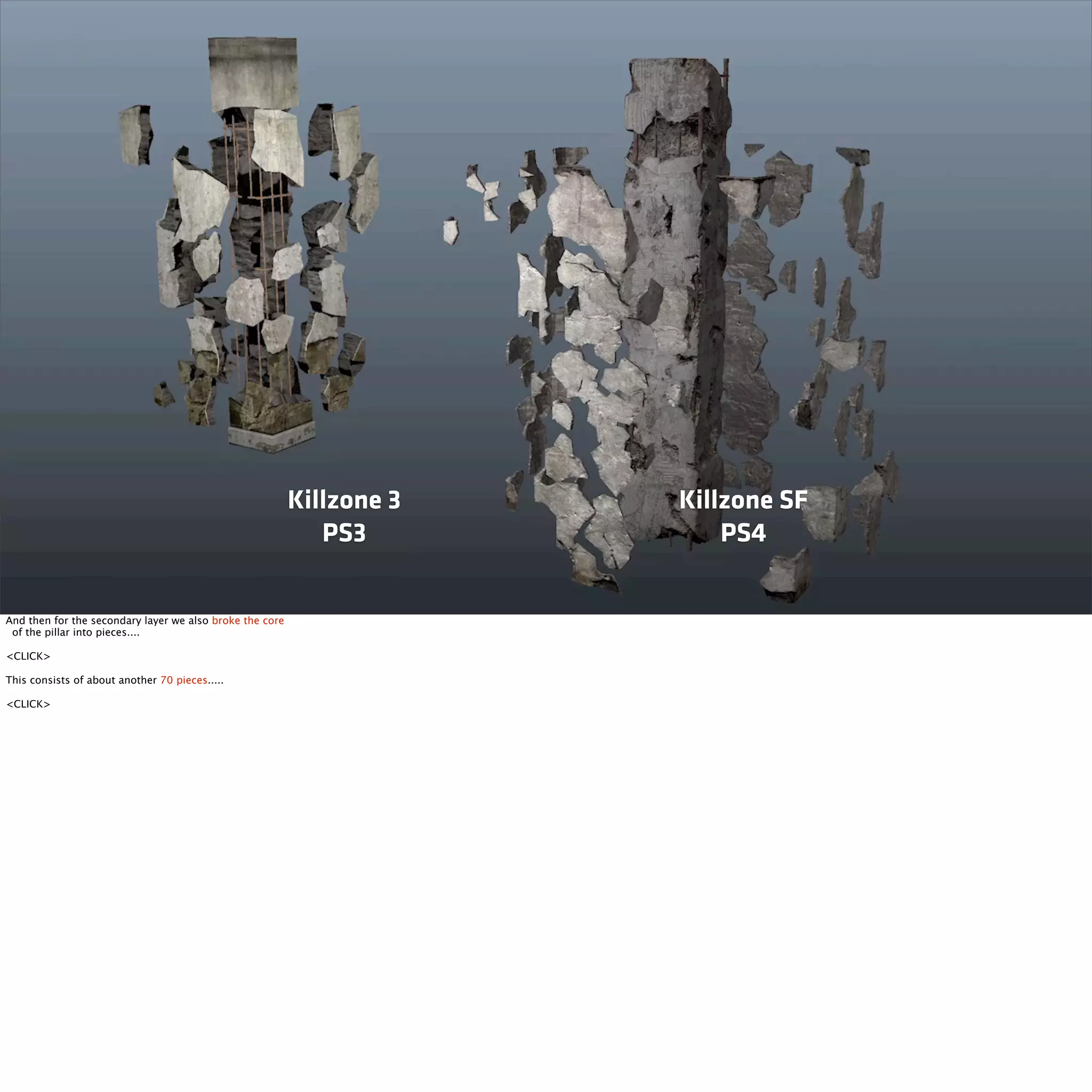 Killzone 3 
PS3 
Killzone SF 
PS4 
And then for the secondary layer we also broke the core 
of the pillar into pieces.... 
<CLICK> 
This consists of about another 70 pieces..... 
<CLICK> 
 