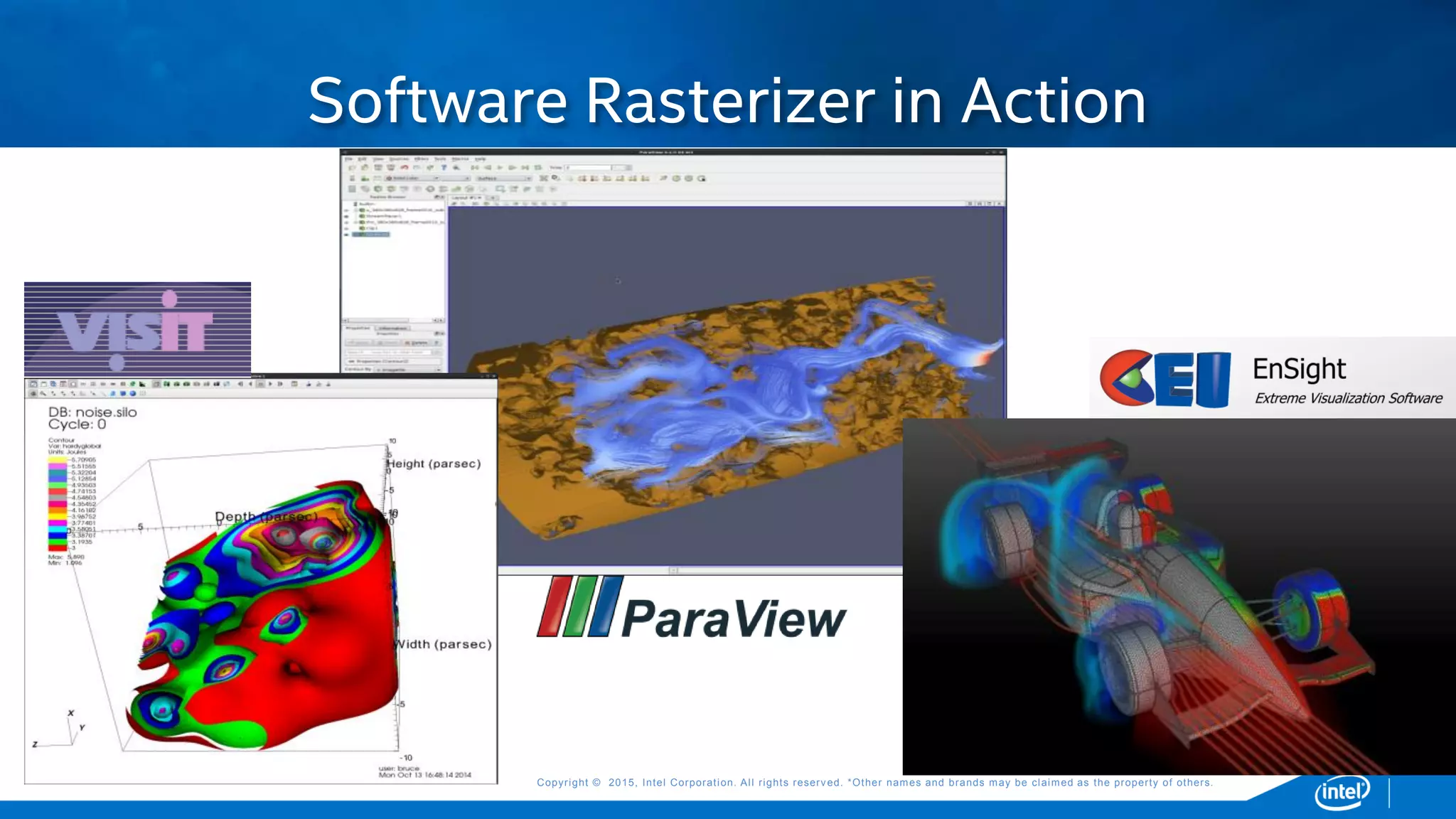 Copyright © 2015, Intel Corporation. All rights reserved. *Other names and brands may be claimed as the property of others.Copyright © 2015, Intel Corporation. All rights reserved. *Other names and brands may be claimed as the property of others.
Software Rasterizer in Action
Data: Texas Advanced Computing Center
 