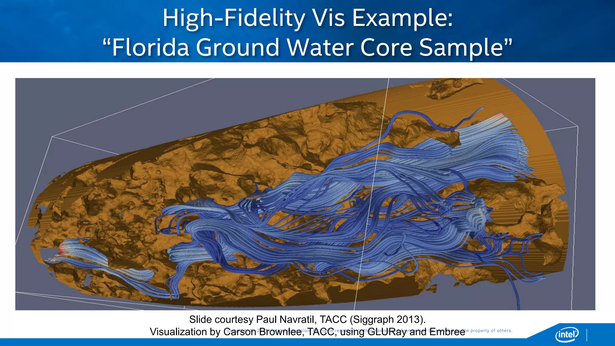 Copyright © 2015, Intel Corporation. All rights reserved. *Other names and brands may be claimed as the property of others.Copyright © 2015, Intel Corporation. All rights reserved. *Other names and brands may be claimed as the property of others.
Slide courtesy Paul Navratil, TACC (Siggraph 2013).
Visualization by Carson Brownlee, TACC, using GLURay and Embree
High-Fidelity Vis Example:
“Florida Ground Water Core Sample”
 