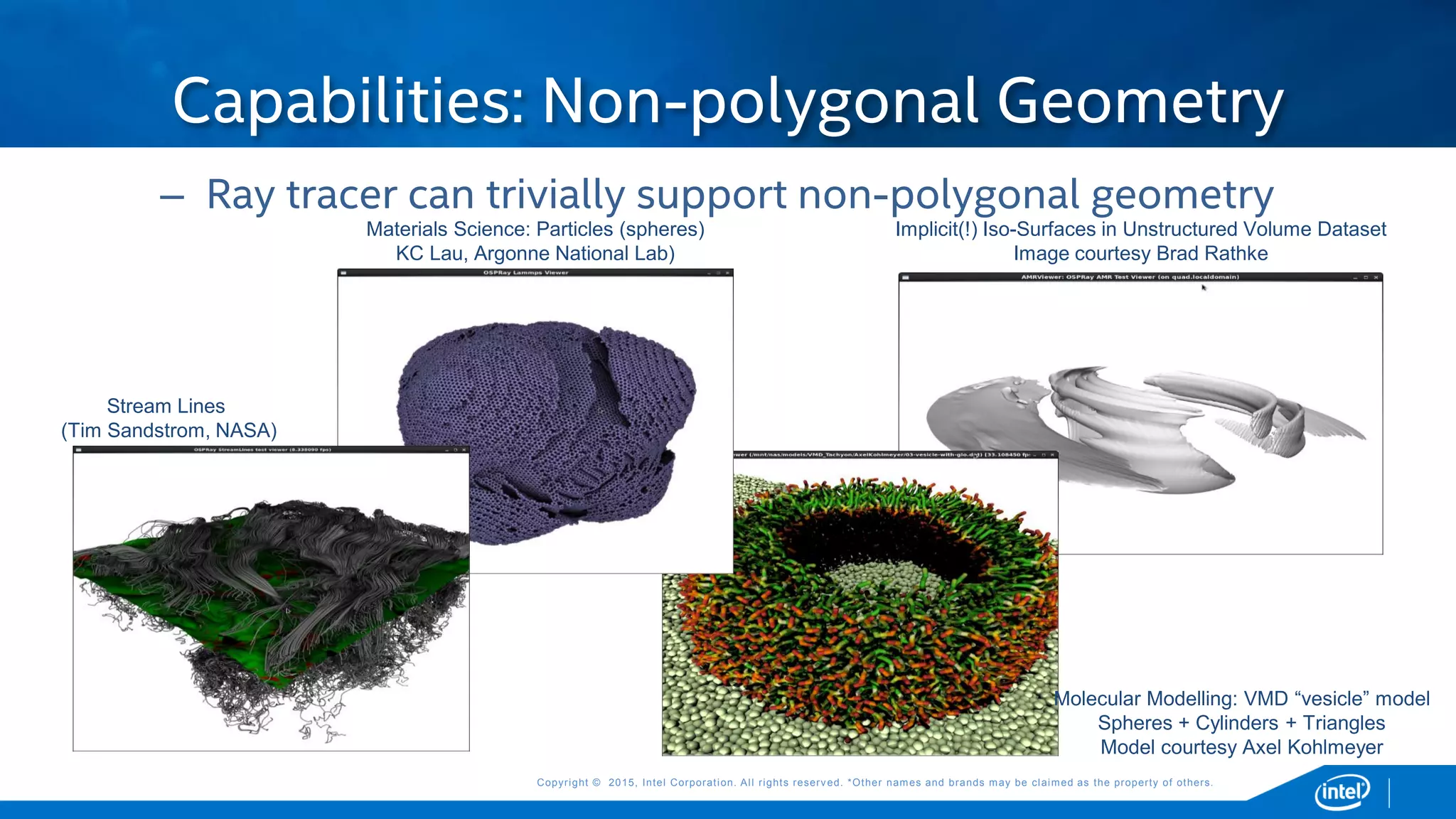Copyright © 2015, Intel Corporation. All rights reserved. *Other names and brands may be claimed as the property of others.Copyright © 2015, Intel Corporation. All rights reserved. *Other names and brands may be claimed as the property of others.
– Ray tracer can trivially support non-polygonal geometry
Capabilities: Non-polygonal Geometry
Molecular Modelling: VMD “vesicle” model
Spheres + Cylinders + Triangles
Model courtesy Axel Kohlmeyer
Implicit(!) Iso-Surfaces in Unstructured Volume Dataset
Image courtesy Brad Rathke
Stream Lines
(Tim Sandstrom, NASA)
Materials Science: Particles (spheres)
KC Lau, Argonne National Lab)
 