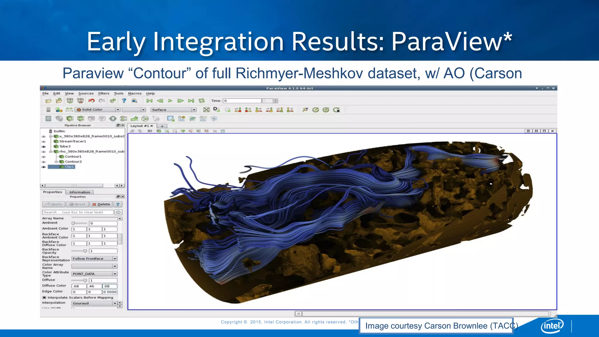Copyright © 2015, Intel Corporation. All rights reserved. *Other names and brands may be claimed as the property of others.Copyright © 2015, Intel Corporation. All rights reserved. *Other names and brands may be claimed as the property of others.
Early Integration Results: ParaView*
Image courtesy Carson Brownlee (TACC)
Paraview “Contour” of full Richmyer-Meshkov dataset, w/ AO (Carson
Brownlee)
 