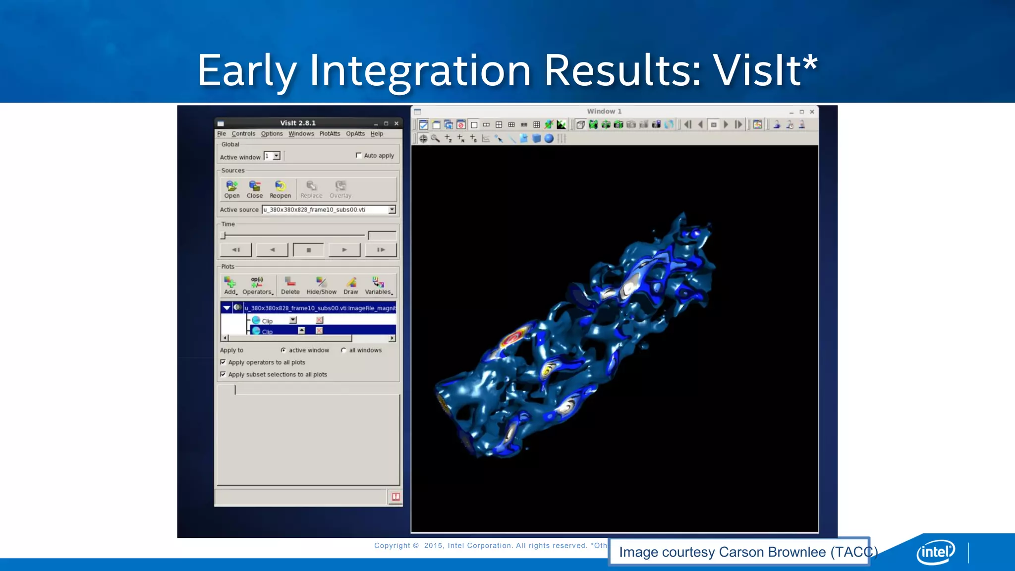 Copyright © 2015, Intel Corporation. All rights reserved. *Other names and brands may be claimed as the property of others.Copyright © 2015, Intel Corporation. All rights reserved. *Other names and brands may be claimed as the property of others.
Early Integration Results: VisIt*
Image courtesy Carson Brownlee (TACC)
 