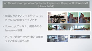 An OmnistereoscopicVideo Pipeline for Capture and Display of Real-WorldVR
(Disney, KAIST)
• 16 VR
360°
• Monoscopic
Stereoscopic
• AR
 