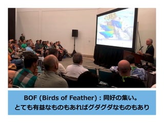 BOF (Birds of Feather)：同好の集い。
とても有益なものもあればグダグダなものもあり
 