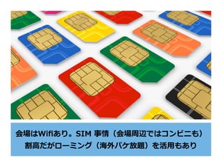 会場はWiﬁあり。SIM 事情（会場周辺ではコンビニも）
割⾼だがローミング（海外パケ放題）を活⽤もあり
 