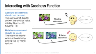 Yuki Koyama, Issei Sato, and Masataka Goto. Sequential Gallery for Interactive Visual Design Optimization. ACM Trans. Graph. (SIGGRAPH 2020)
Interacting with Goodness Function
29
Absolute assessment
should not be used:  
The user cannot directly
answer the function value
reliably [Brochu+10;
Koyama+18]

Relative assessment
should be used:  
The user can answer
which option is better
among two (or more)
options
Absolute
assessment
Relative
assessmentA B
 