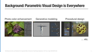 Yuki Koyama, Issei Sato, and Masataka Goto. Sequential Gallery for Interactive Visual Design Optimization. ACM Trans. Graph. (SIGGRAPH 2020)
Background: Parametric Visual Design is Everywhere
4
… etc.
Procedural designPhoto color enhancement Generative modeling
 