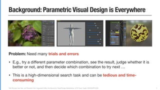 Yuki Koyama, Issei Sato, and Masataka Goto. Sequential Gallery for Interactive Visual Design Optimization. ACM Trans. Graph. (SIGGRAPH 2020)
Background: Parametric Visual Design is Everywhere
5
Problem: Need many trials and errors
• E.g., try a diﬀerent parameter combination, see the result, judge whether it is
better or not, and then decide which combination to try next …

• This is a high-dimensional search task and can be tedious and time-
consuming
 