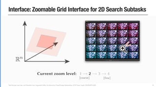Yuki Koyama, Issei Sato, and Masataka Goto. Sequential Gallery for Interactive Visual Design Optimization. ACM Trans. Graph. (SIGGRAPH 2020)
Interface: Zoomable Grid Interface for 2D Search Subtasks
59
 