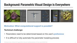 Yuki Koyama, Issei Sato, and Masataka Goto. Sequential Gallery for Interactive Visual Design Optimization. ACM Trans. Graph. (SIGGRAPH 2020)
Background: Parametric Visual Design is Everywhere
Motivation: What computational support is possible?
Technical challenge:
• Parameters need to be determined based on the user’s preference

• It is diﬃcult to fully automate the parameter tweaking process
6
 