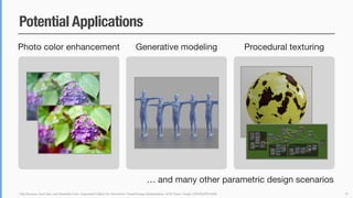Yuki Koyama, Issei Sato, and Masataka Goto. Sequential Gallery for Interactive Visual Design Optimization. ACM Trans. Graph. (SIGGRAPH 2020)
Potential Applications
70
Photo color enhancement Generative modeling Procedural texturing
… and many other parametric design scenarios
 