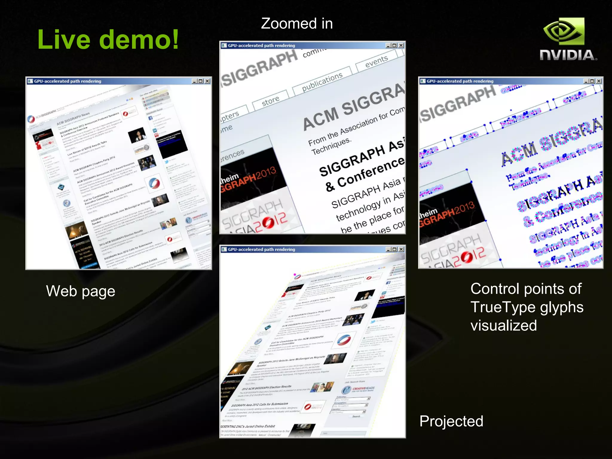 Zoomed in
Live demo!




Web page                        Control points of
                                TrueType glyphs
                                visualized




                         Projected
 