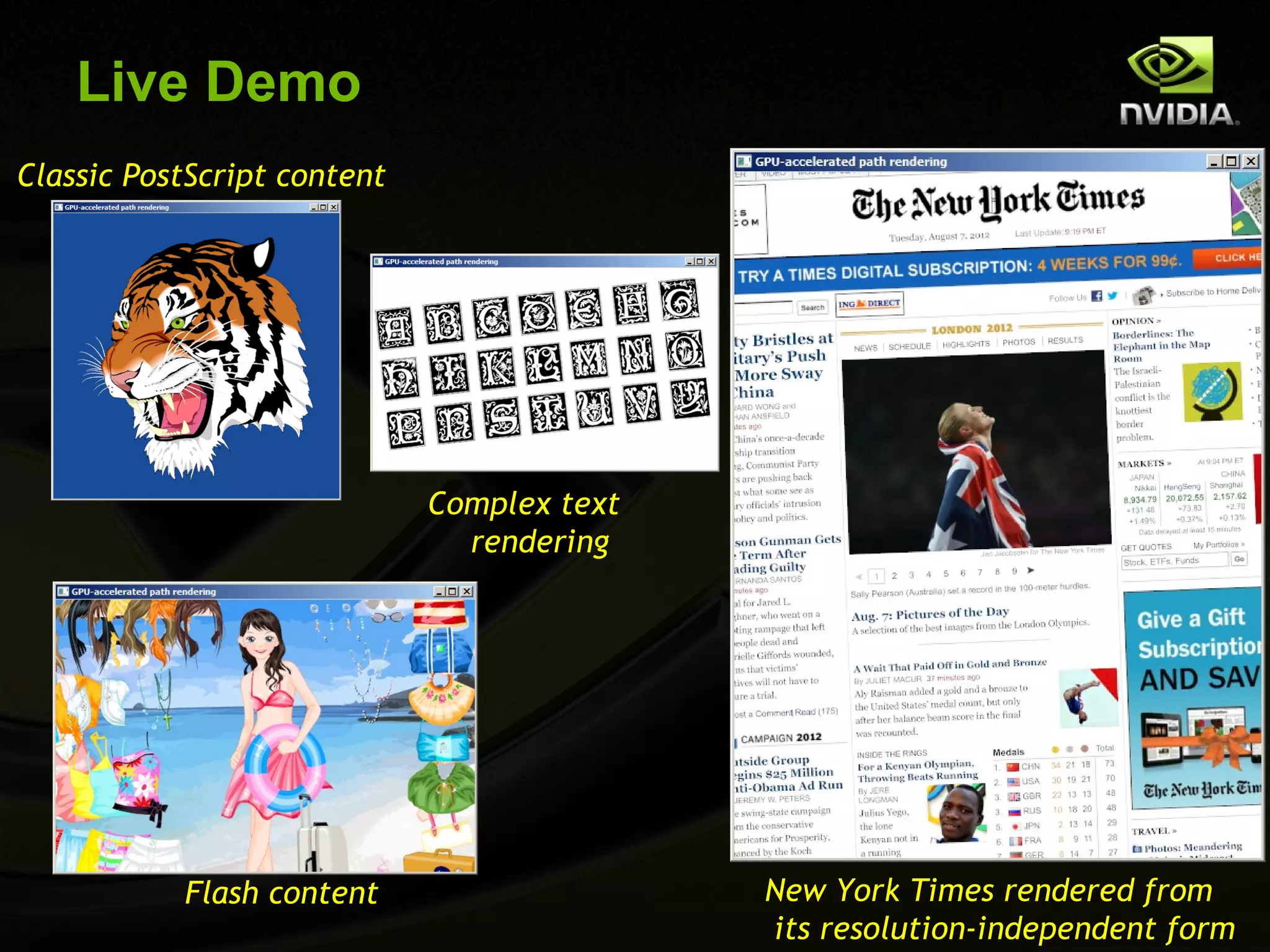 Live Demo
Classic PostScript content




                             Complex text
                               rendering




           Flash content                    New York Times rendered from
                                            its resolution-independent form
 