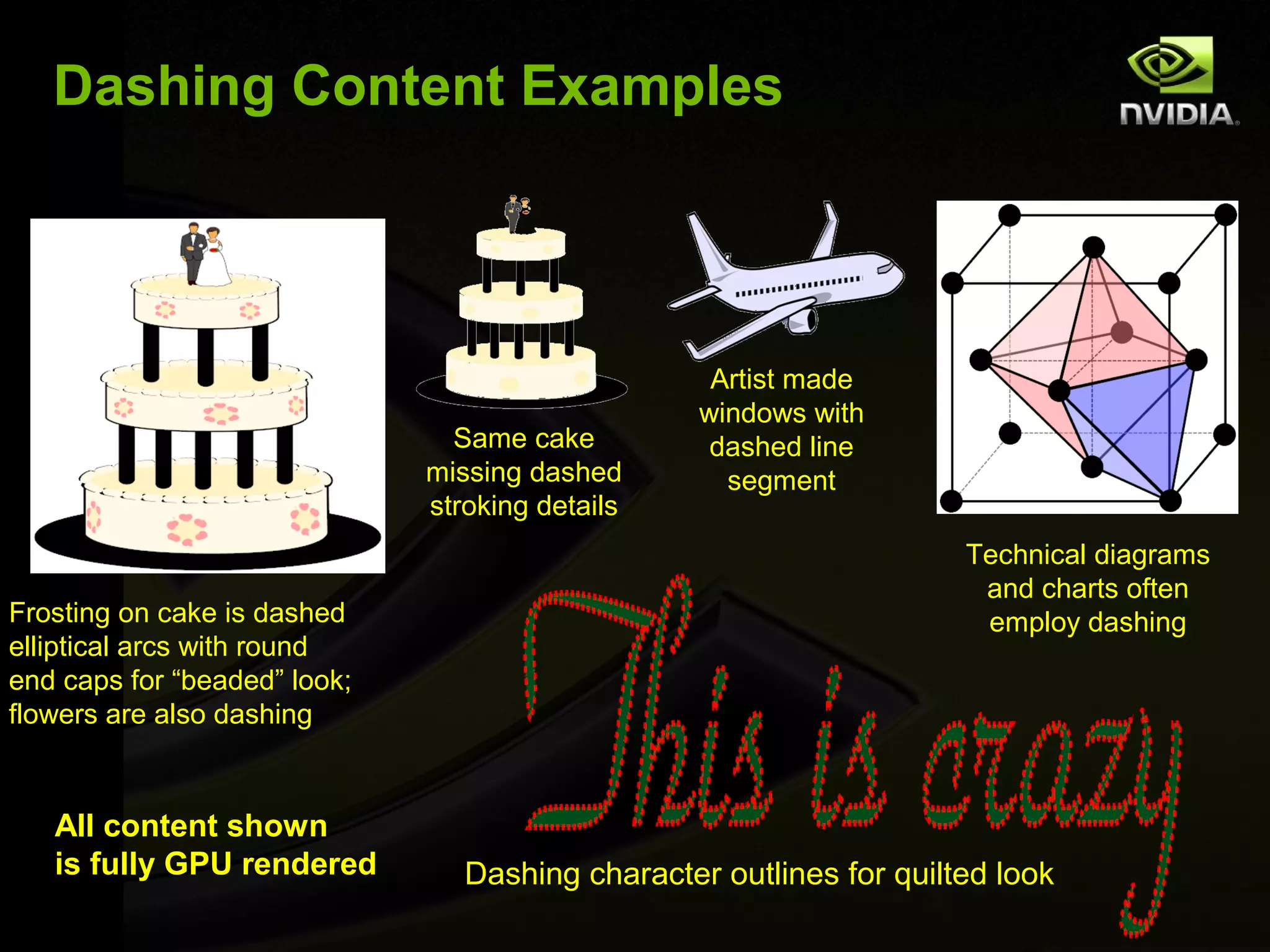 Dashing Content Examples




                                                   Artist made
                                                  windows with
                                Same cake          dashed line
                              missing dashed        segment
                              stroking details
                                                                     Technical diagrams
                                                                      and charts often
Frosting on cake is dashed                                            employ dashing
elliptical arcs with round
end caps for “beaded” look;
flowers are also dashing



   All content shown
   is fully GPU rendered         Dashing character outlines for quilted look
 