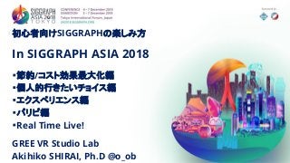 初心者向けSIGGRAPHの楽しみ方
In SIGGRAPH ASIA 2018
・節約/コスト効果最大化編
・個人的行きたいチョイス編
・エクスペリエンス編
・パリピ編
・Real Time Live!
GREE VR Studio Lab
Akihiko SHIRAI, Ph.D @o_ob
 