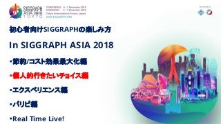 初心者向けSIGGRAPHの楽しみ方
In SIGGRAPH ASIA 2018
・節約/コスト効果最大化編
・個人的行きたいチョイス編
・エクスペリエンス編
・パリピ編
・Real Time Live!
 