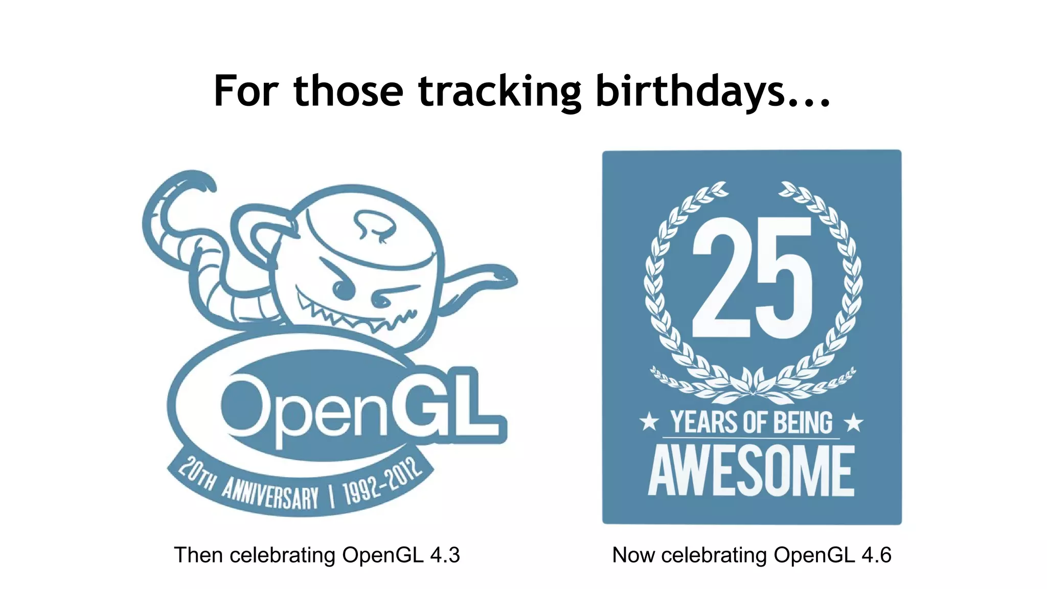 10
For those tracking birthdays...
Then celebrating OpenGL 4.3 Now celebrating OpenGL 4.6
 