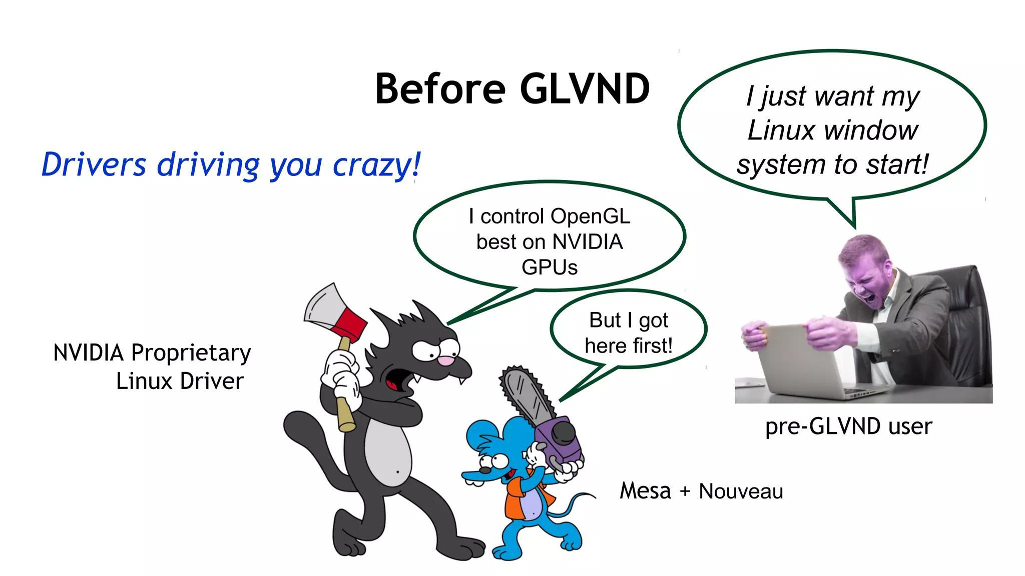 40
Before GLVND
NVIDIA Proprietary
Linux Driver
Mesa + Nouveau
I control OpenGL
best on NVIDIA
GPUs
But I got
here first!
Drivers driving you crazy!
I just want my
Linux window
system to start!
pre-GLVND user
 