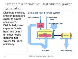 ‘Greener’ Alternative: Distributed power
generation
SIGGreen Virtual workshop - Nov. 12th
Distribute multiple,
smaller generators
closer to power
consumers.
Distributed power
captures ‘waste
heat’ and uses it
for other needs
(heating, hot
water), for ~80%
efficiency
 