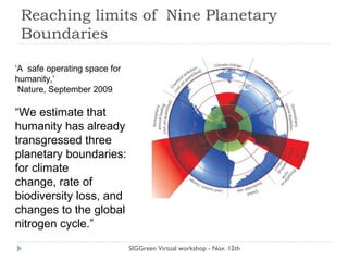 Reaching limits of Nine Planetary
Boundaries
SIGGreen Virtual workshop - Nov. 12th
‘A safe operating space for
humanity,’
Nature, September 2009
“We estimate that
humanity has already
transgressed three
planetary boundaries:
for climate
change, rate of
biodiversity loss, and
changes to the global
nitrogen cycle.”
 
