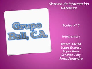 Sistema de Información
      Gerencial



       Equipo Nº 5


       Integrantes:

      Blanco Karina
      Lopez Ernesto
       Lopez Rosa
      Sánchez Jimy
     Pérez Alejandra
 